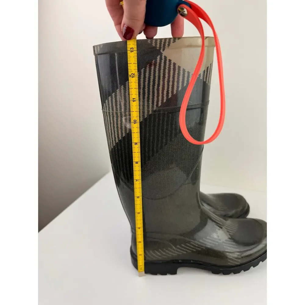 BURBERRY Gray 37 Rain Boots Rubber Big Scale Check Round Toe Knee High Pull On